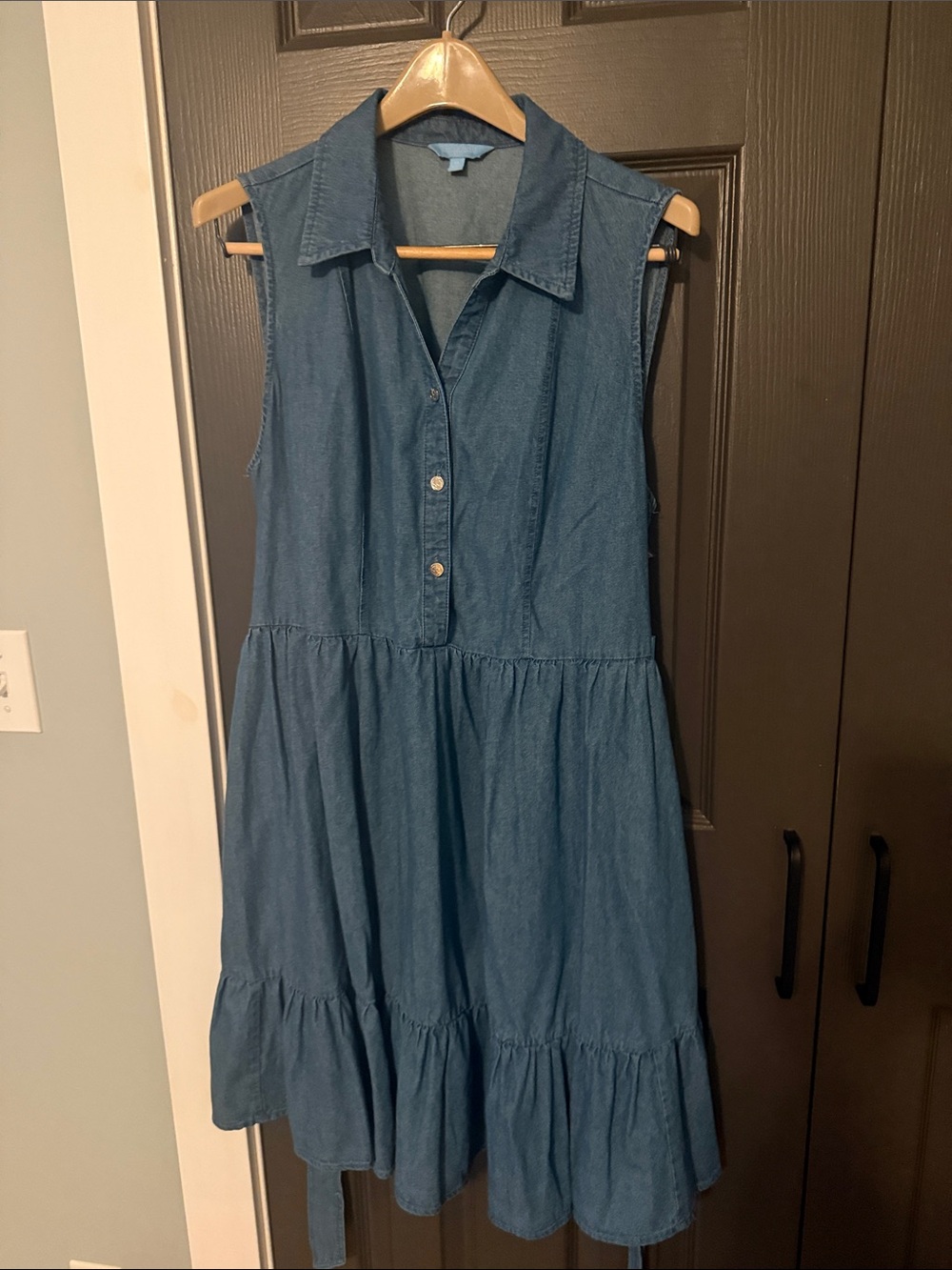 Sleeveless Denim Shirt Dress with Tie Waist - Blue - Picture 2 of 8